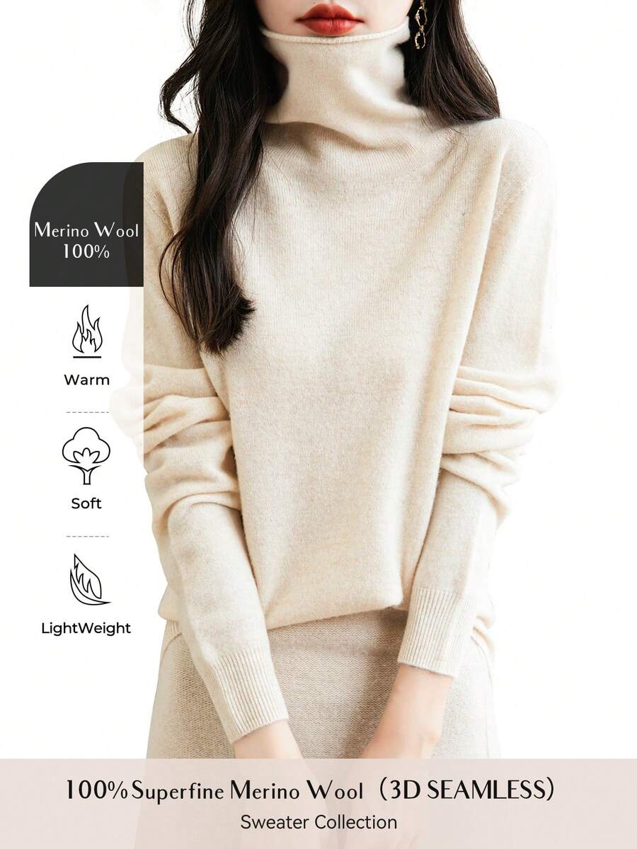 Women's 100% Merino Wool Seamless Turtleneck Long Sleeve Knit Sweater - Beige - View 1