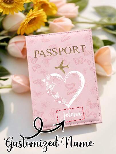 Customized Name Mini Passport Holder, Butterfly & Heart Pattern, Travel Document Organizer And Card Case, Unisex RFID Vintage Business Passport Cover, Portable Multi-Function ID/Bank Card Wallet