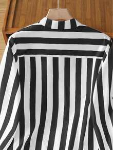 女士条纹纽扣衬衫，休闲长款圆领卷袖，适合春、夏、秋季穿着，女士秋季服装，黑色 - 黑色 - 查看 6