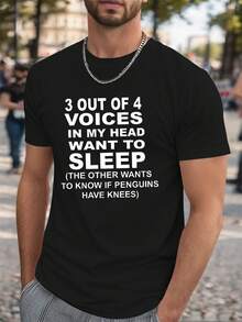3 Out Of 4 Voices Plus Size Men'S T-Shirt - Casual Black Tee With Humorous Penguin Knee Quote, Polyester, Short Sleeve, Summer Style, Regular Fit, Casual Summer Wear |   Humorous Graphic Tee |   Knit Construction, PLUS SIZE - 黑色 - 查看 2