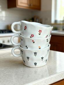 1 pièce Tasse en céramique asymétrique avec motif floral créatif dessiné à la main, tasse de thé d'après-midi, tasse à café, tasse de petit-déjeuner, tasse de dessert pour célébrité internet mignonne - tasse - Voir 5