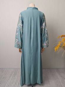 1pc Sequin Embroidered Muslim Women Abaya, Loose Fit Islamic Clothing, Dubai Style Robe, Suitable For Eid Al-Fitr