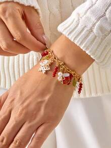 1 Stück modischer & weihnachtlicher Armschmuck mit Schneeflocke, Weihnachtsmann, Rentier, Perle & Kristall Dekor als Weihnachtsgeschenk für Frauen