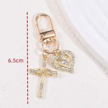 1pc Women's Minimalist Rhinestone Cross & Heart Pendant Keychain, Elegant Feng Shui Diamond Heart Delicate Gift, Earphone Case Keychain Accessory Christmas - Gold - View 4