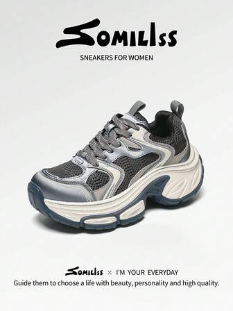 somiliss 6cm Elevated Lace-Up Women's Casual Sports Shoes, Suede Leather & Mesh Upper, Retro Distressed Style, Non-Slip Outdoor Walking Sneakers, Blue