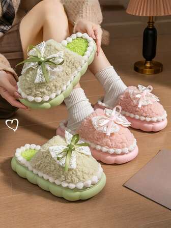1 Pair Indoor Home Thick-Soled Warm, High Appearance Level, High-End Feel, Atmosphere, Versatile, Suitable For Everyone, Comfortable Bow Slippers