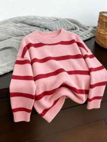 Women's Bright Striped Knit Long Sleeve Sweater, Soft & Comfortable Casual Pullover Top, Autumn/Winter - Pink - View 2