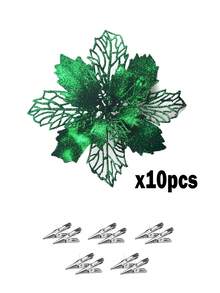 1/10pcs Glitter Poinsettia Decoration Flowers With Clips, Rose Gold Glitter Mesh Leaves Artificial Poinsettia Flowers For Christmas Tree, Christmas And New Year Holiday Decorations, Shiny Artificial Christmas Flowers For Rose Gold Christmas Tree, Wedding Table Decor (Dark Green)