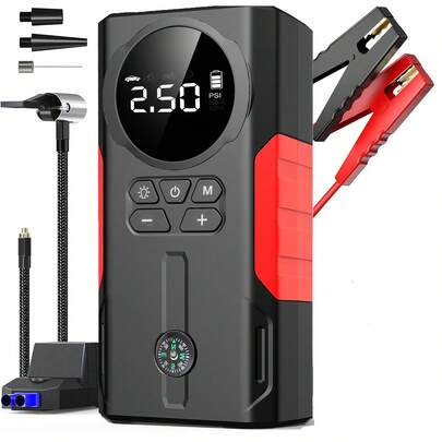 12000mAh Portable Car Jump Starter with Air Compressor, Tire Inflator, Smart Pressure Setting, Portable Power Bank, 3 Modes LED Light, Suitable for All Car Emergency Starts, with LED Display, Black