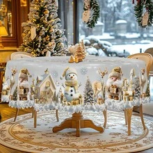 1pc Vintage Christmas Tablecloth With Santa Claus Reindeer Snowman Christmas Tree Patterns, Christmas Decor 2025, Christmas Party Decoration For Home Indoor Outdoor, Chic Silvery Round Rectangular Table Cloth, Holiday Kitchen Festive Decor, Christmas Gifts