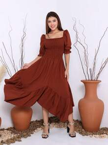 Vestido midi de ponta lisa manga curto