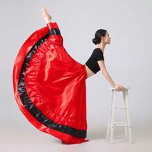 1件红色黑色全圆摆长裙 女士肚皮舞飘逸波西米亚风长裙 缎面轻盈夏季沙滩派对大下摆裙 优雅A字摆裙 - 紅色 - 查看 11