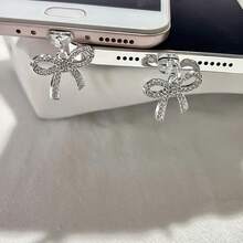 1pc Rhinestone Bow Dust Plug, Elegant Y2K Fashion, Alloy Metal Accessory, Transparent Silicone Smartphone Earphone Tablet Kindle Dust Plug Pendant, Creative Stylish Hanging Decor, Compatible With Apple Lightning/Type-C/Android Micro USB, Fits All Mobile Phone Models - Silver - View 9