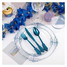 Blue Plastic Plates Disposable Set - 350pcs Party Dinnerware, 10.25" Dinner & 7.5" Dessert Plates, Silverware & Cups - Wedding & Event Supplies - 如圖/C - 查看 2