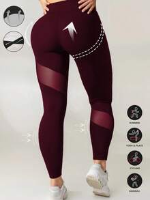 Plus Size Women Sports Pants, Mesh Patchwork Design Plus Size Workout Leggings, High Waist Suitable For Fitness, Running, Yoga, Casual Wear