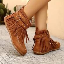 Fashion Tassel Boots, Stylish Tassel Women's Ankle Boots Short Boots, Rivet Decoration, Round Toe And Flat Heel, Suitable For Casual Or Formal Occasions - 棕色 - 查看 5