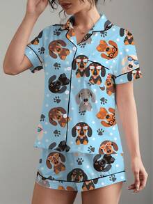 2 件套女士睡衣套装，可爱的腊肠犬印花，柔软的面料，适合节日派对的睡衣，舒适的短袖领扣衬衫和松紧腰短裤，时尚休闲装，适合户外和室内穿着，四季皆宜 - 淺藍色 - 查看 11