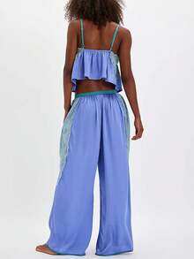 Women's Y2K Lace Satin Pajama Sets Lace Patchwork Spaghetti Strap Ruffled Cami Tops With Loose Pants 2Pcs Soft Sleepwear Fashion Loungewear Aesthetic Clothes Outfit Casual Pj - 藍紫色 - 查看 4