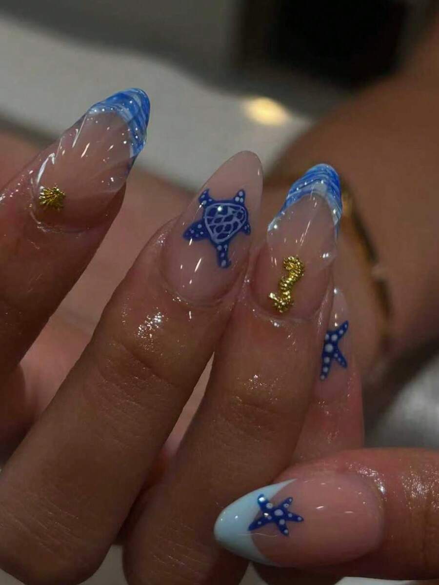 Bộ 24 miếng dán móng tay gel 3D hình hạnh nhân, chủ đề đại dương bao gồm hình rùa, cá ngựa, vỏ sò, cá voi, thiết kế đầu móng kiểu Pháp, chiều dài ngắn vừa vặn hoàn hảo, bộ móng giả acrylic kèm 1 gel dẻo và 1 dũa móng. Móng tay chủ đề đại dương làm cho đầu ngón tay của bạn tỏa sáng rực rỡ, phù hợp cho các bữa tiệc, khiêu vũ và sử dụng hàng ngày. Dụng cụ làm móng - Màu xanh lam - Xem 1