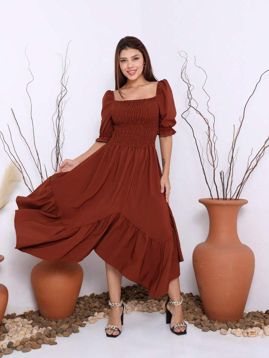 Vestido midi de ponta lisa manga curto