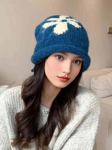 1 szt. Damska dzianinowa czapka z haftem, modna i uniwersalna, oddychająca i wygodna, składana i przenośna, odpowiednia do codziennych dojazdów, na kemping, w podróż, na piesze wycieczki, do parków rozrywki, kawiarni, na farmę, na spotkania, imprezy i do fotografii, jesień/zima
