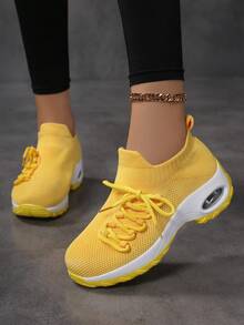 Women Knit Lace-Up Sock Sneakers Thick Sole Casual Walking Shoes - Yellow - View 5