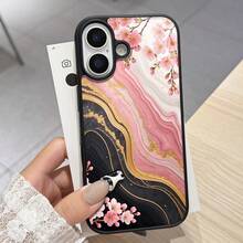 أنيق وأنيق! غطاء هاتف بنقوش زهور رخامية متوافق مع أبل وآخرين، إطار أسود، يتميز بزهور الكرز الوردية والملمس الرخامي الأسود والوردي والذهبي، فتحات دقيقة للاستخدام السلس، يشع جواً راقياً وكلاسيكياً لمستخدمي أبل أو غيرهم