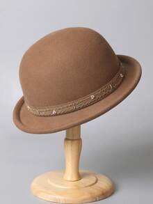 1 peça elegante chapéu de feltro de lã macia de alta qualidade com parte superior redonda e versátil para mulheres, decorado com flores de contas e acabamento em renda, aba curta da moda