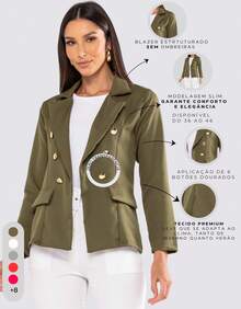 Blazer Feminino Elegante Terninho Social Alfaiataria Com Botões - Verde Militar - Visão 9
