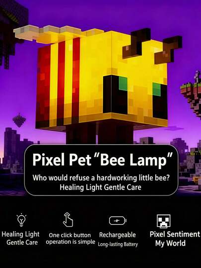 Minecraft Rechargeable Pixel Pet Bee Light, Game Peripheral Night Light, Lamp-Style Night Light, Minecraft Peripheral Model Night Light, Game Peripheral Gift Model Desk Lamp, Minecraft Model Desk Lamp Column Light