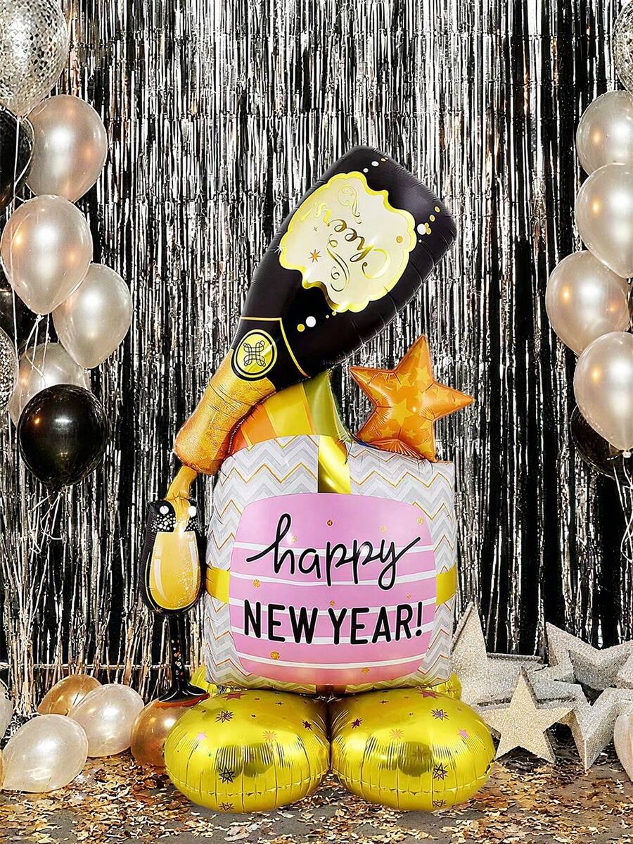1pc 3D Base Champagne Black Foil Balloon, Suitable For 2026 New Year Party Decoration, New Year Family Gathering Atmosphere Photography Props, Happy New Year 2026, Theme Party Decoration, New Year Party Supplies, Christmas & New Year Theme, New Year's Eve Party, Bar Decoration - Multicolor - View 1