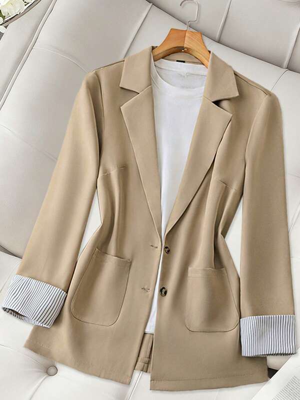 Veste blazer beige tressée pour femmes, avec boutons et poches, longueur régulière, convient pour le bureau ou le port casual