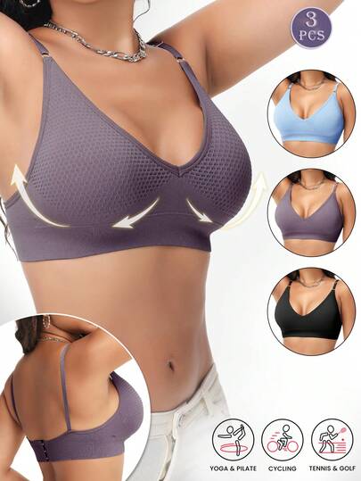 QIW 3pcs/Set Yoga & Fitness Sexy V-Neck Wireless Comfortable Breathable Racerback Sports Bras For Women