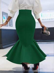 Plus Size Women's Autumn Solid Color Knit Fabric Ruffle Tie Waist Zipper Closure A-Line Skirt, Suitable For All Seasons - Green - View 4