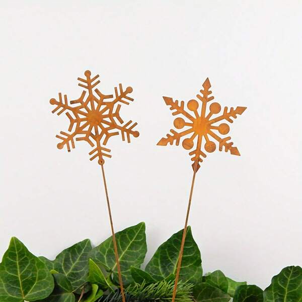 2 Stücke Eisenkunst Schneeflocken Garten Dekorationsstäbe, Winterdekoration, rostiger Weihnachtsschmuck, Blumentopf, Bonsai Weihnachtsdekoration, Eisenschneeflocke, Weihnachtsdekorations-Geschenk
