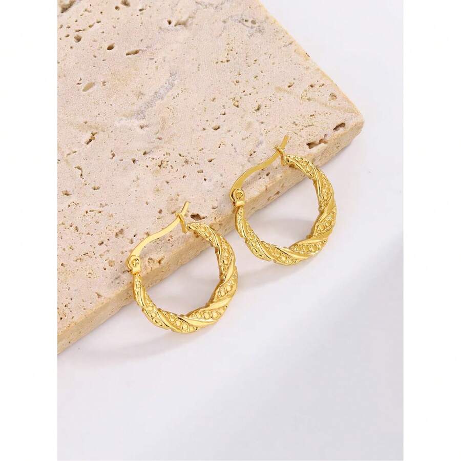 Orecchini a cerchio in acciaio inossidabile placcato oro 18K - Disegno ondulato, adatti per uso quotidiano e feste, stile vacanziero, minimalista