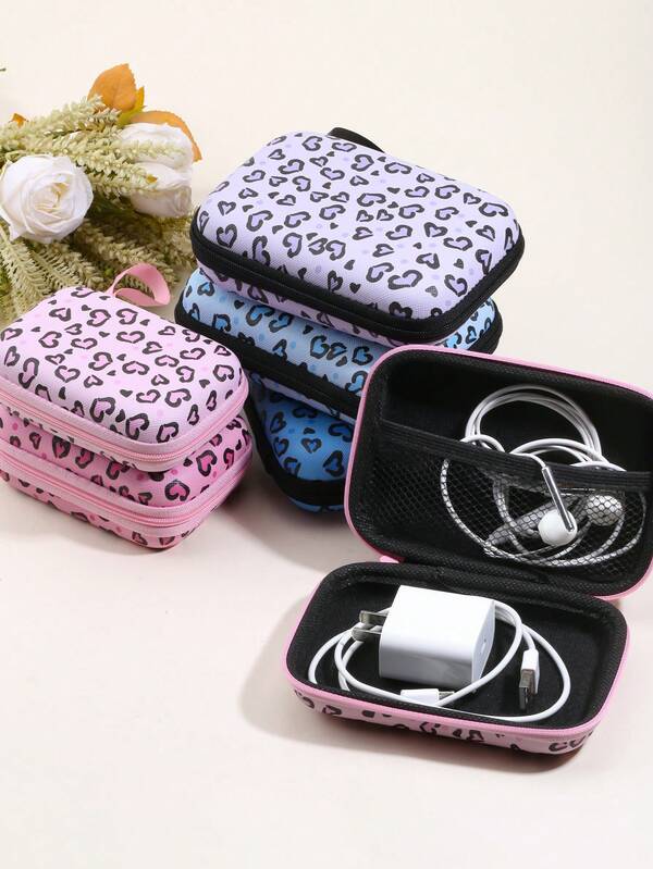 Bolsa de armazenamento com estampa de leopardo, fone de ouvido portátil, cabo, bolsa organizadora de carregador, capa protetora para carregador/disco rígido/unidade USB, bolsa organizadora de viagem compacta à prova de choque, adequada para pequenos acessórios