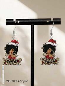 1 Pair Elegant & Sexy African American Women Christmas Pendant Earrings, Acrylic Painting Design, Stainless Steel Earring Hooks, Lightweight & Fashionable, Suitable For Daily Wear And Party Celebrations, Can Be Used As Holiday Gifts, Halloween And Christmas Gifts.