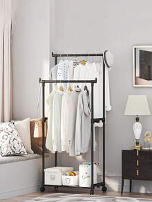 这款时尚的单层/双层衣柜配有滚轮和底座，适用于家庭、酒店、宿舍、客厅、卧室、阳台、玄关等场所。双杆设计（尺寸：57厘米*35厘米*120厘米，可悬挂6-8件衣物）易于拆卸。 - 彩色 - 查看 2