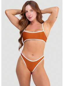 Bravaa Store Women's Two-Tone Ribbed Bikini With Cropped Top And G-String Thong, Lycra 340 Lined - 駝色 - 查看 5