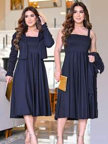 Midi Flared Dress + Blazer Set Elegant Executive Evangelical Fashion - màu đen - Xem 6