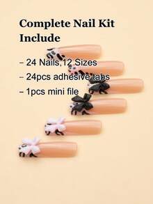 24 Stücke Sarg-förmige Nägel im Y2K-Stil, mit einer zartrosa Basis, die dem Hautton entspricht, mit Elementen wie weißen und rosa French Tips, Kuhprint und schwarz-weißen Schleifen-Accessoires. Die Hälfte sind Jelly-Gel-Nägel und die Hälfte haben strukturierte Streifen. Perfekt als Geschenk für Freunde oder zum Tragen bei Alltags- und Feiertagspartys. - Wassermelonenrosa - Übersicht 2