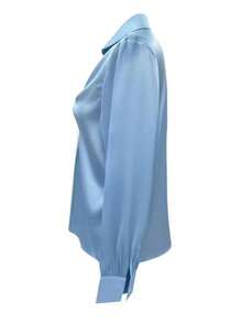 女士优雅纯色缎面扭结长袖衬衫，适合办公室、居家、日常穿着和度假，四季皆宜，春季款。 - 淺藍色 - 查看 4