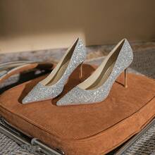 8819 French Pointed Toe High Heels Women New Crystal Glitter Wedding Shoes Silver Bridesmaid Shoes Stiletto Pumps Elegant Evening Party Dress Shoes For Women - 銀色[8cm] - 查看 2