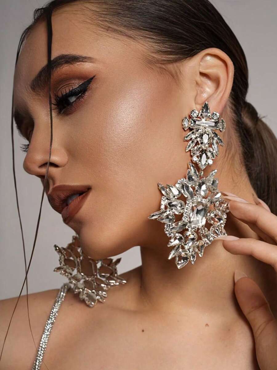 Bộ 2 bông tai đèn chùm đính đá cỡ lớn, dành cho nữ - Bông tai pha lê hình giọt nước phóng đại, trang sức cưới dự tiệc trang trọng. - hình học - Xem 1