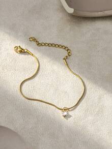 Tkool 1pc Minimalist Stainless Steel Round Snake Chain With Copper Zirconia Heart Pendant Bracelet - Yellow Gold - View 5