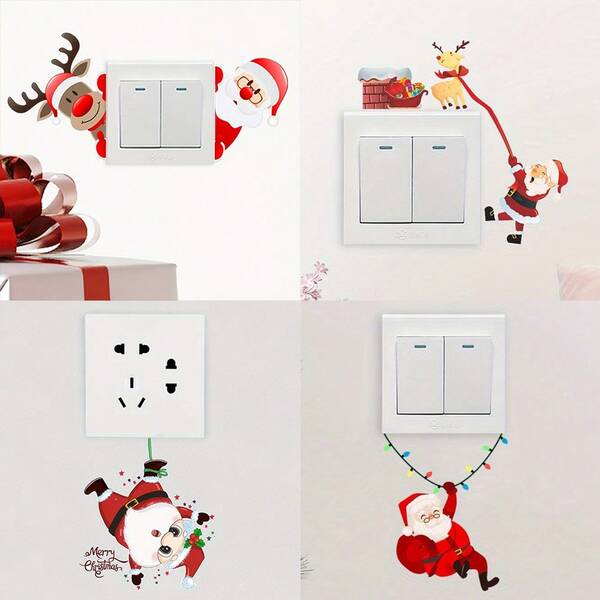 4pcs Christmas Wall Switch Stickers, Santa Claus And Reindeer Cartoon Self-Adhesive Decals, Modern Pvc Holiday Decoration, Removable Disposable, Suitable For Bedroom And Living Room, Christmas Home Decoration Wall Decor Room Decor Wall Stickers Wall Sticker Christmas Decorations Christmas Decoration Christmas Decorations Home