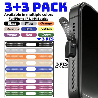 ZYONS 3+3 件套金属扬声器防尘网（3 件 - 多色）+ Type-C 防尘塞（3 件 - 黑色），兼容 17 Pro Max/17 Air/16 Pro Max/16/15 系列，采用耐用金属材质，提供黑色/银色/宇宙橙/金色/绿色/红色/蓝色/紫色/沙漠钛色可选，包含 Type-C 防尘塞、Type-C 接口盖和防尘塞。