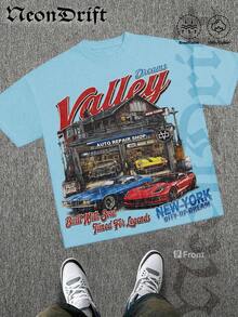 Y2K,Printed With Patterns Of A Vintage - Style Auto Repair Shop, Along With The Words 'Dreams Valley',Fashionable Cotton Men's T-Shirt, , Surprise Gift For Friends And Family, Drop Shoulder Sleeves Round Neck - 淺藍色 - 查看 2