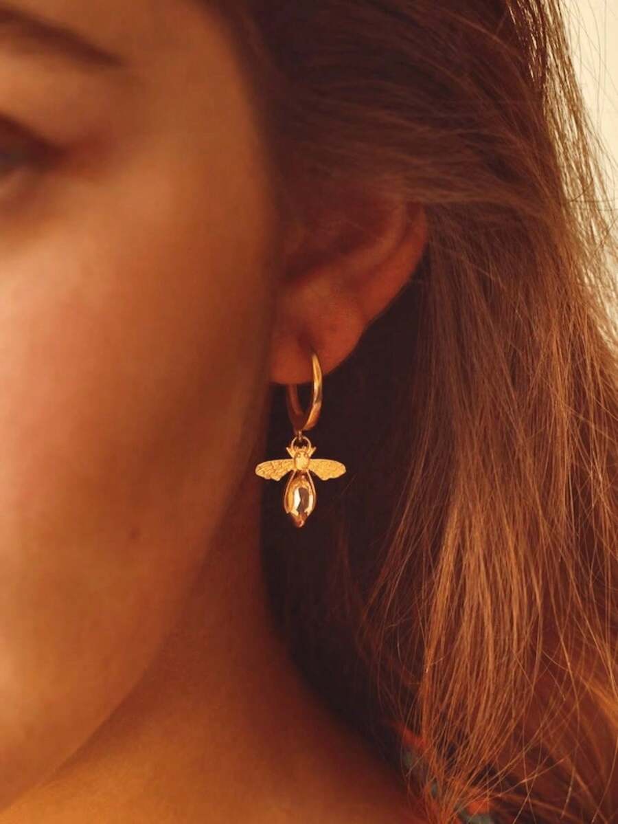 1 Pair Vintage Cute Bee Brass Zirconia Dangle Earrings Party Boho Style Unique Design Exquisite Jewelry Gift For Women(No Box)